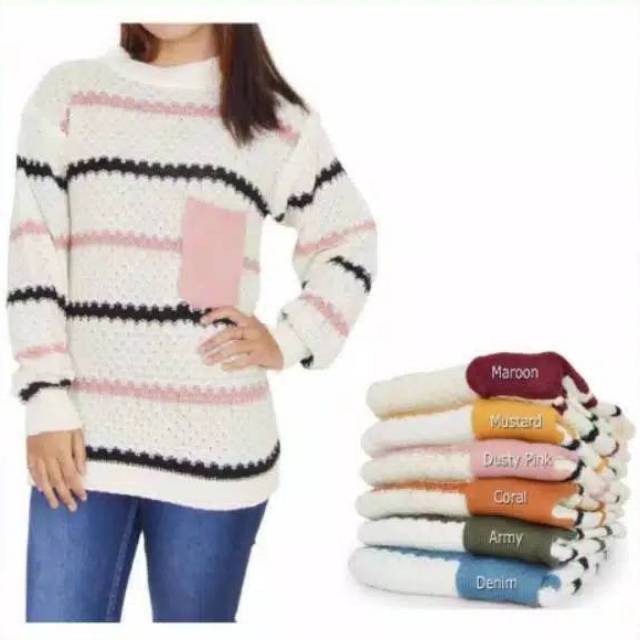 COD POPPY KNIT SWEATER | POPCORN POCKET STRIPE SWEATER | SWEATER SAKU SELEBGRAM