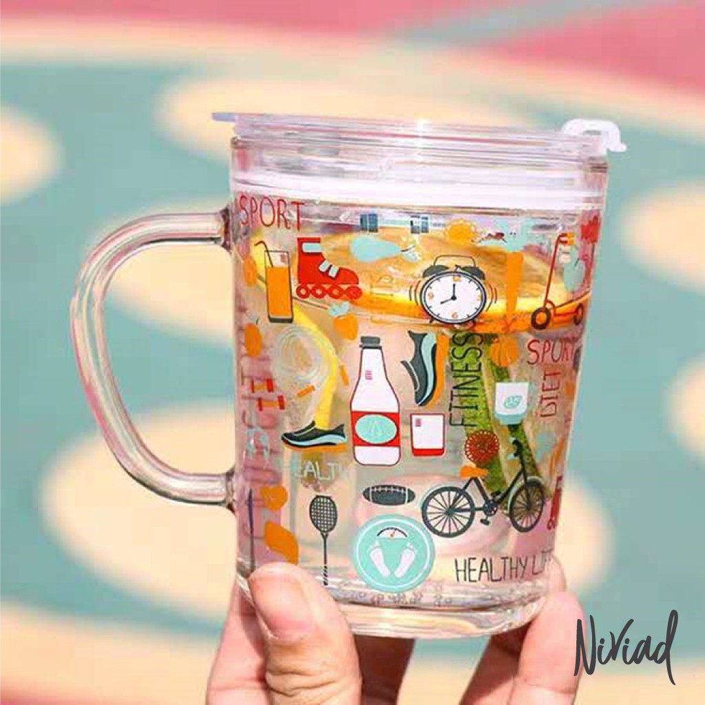 GELAS KACA 400ml DENGAN SKALA DAN TUTUP ANTI BOCOR +FREE SEDOTAN
