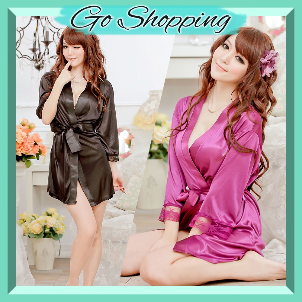 GO!BT004 BAJU TIDUR WANITA KIMONO BAHAN LEMBUT SATIN SEXY LINGERIE SET G-STRING COD