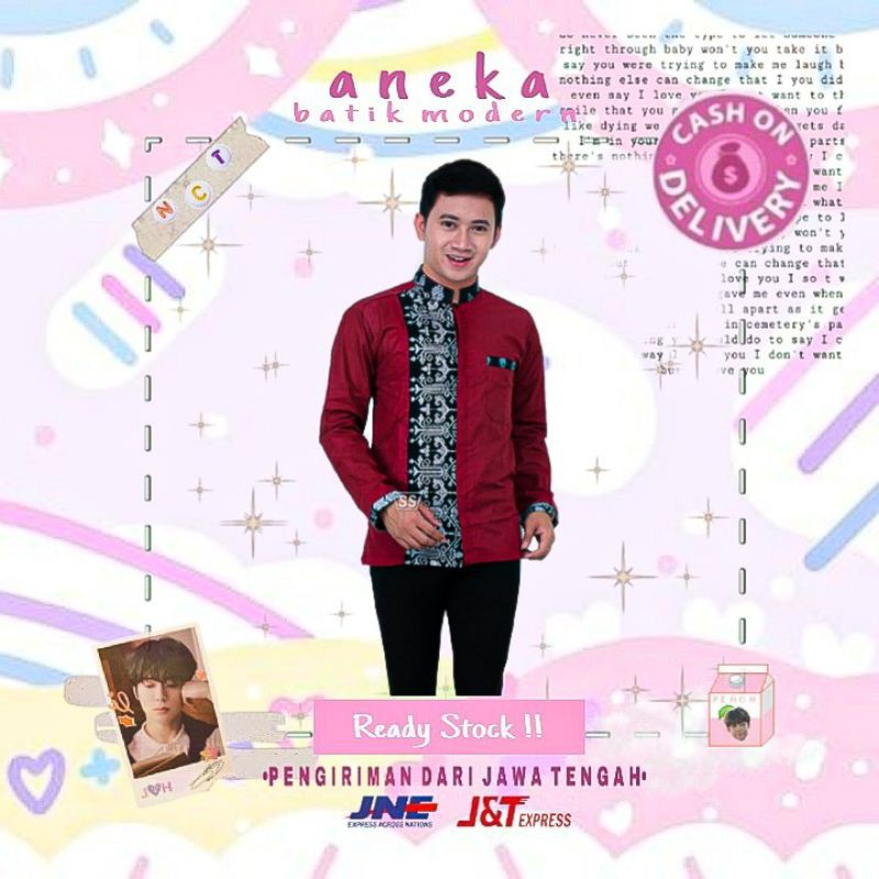 BAJU KOKO BORDIR PRIA COWOK KOMBINASI BATIK LENGAN PENDEK WARNA MERAH ABU POLOS SIMPEL BORDIR GOLD