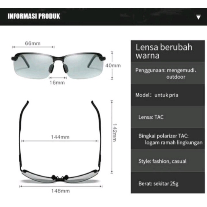 [BISA COD] Kacamata Hitam Pria Photocromic Polarized Siang Malam Polaris Anti Silau Otomatis Sunglasses Anti UV