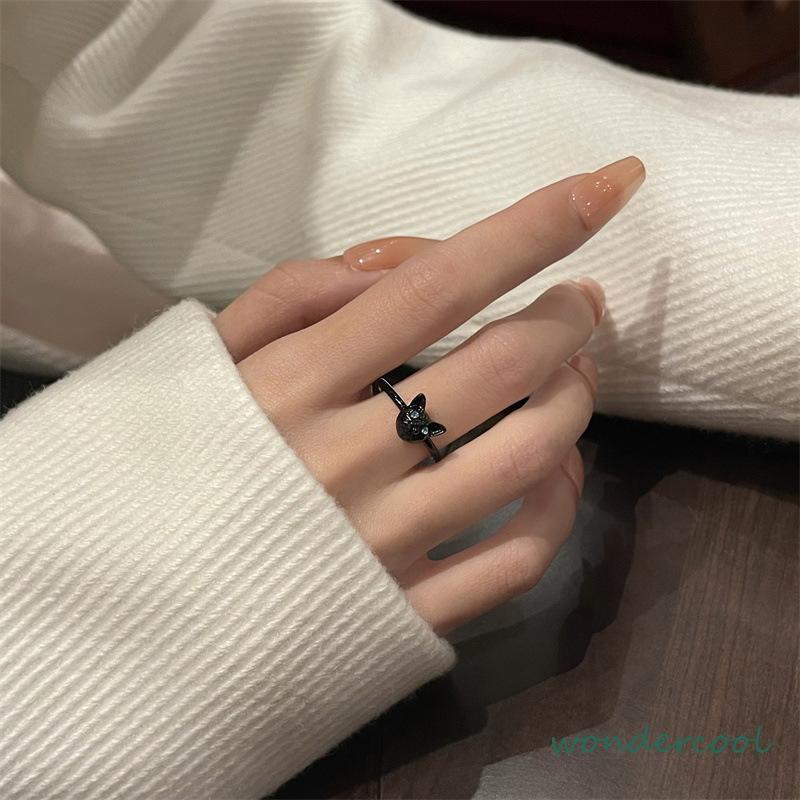 Cincin Kucing Hitam Wanita Trendi Desain Niche Cincin Jari Telunjuk Fashion Kepribadian Cincin-Won