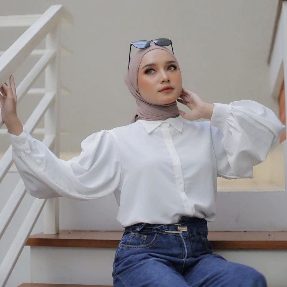 KEMEJA LENGAN BALON WANITA || ATASAN KEMEJA BLOUSE CASUAL WANITA CASUAL OVERSIZE POLOS AUDRY AUDREY - BAHAN WOLFIS