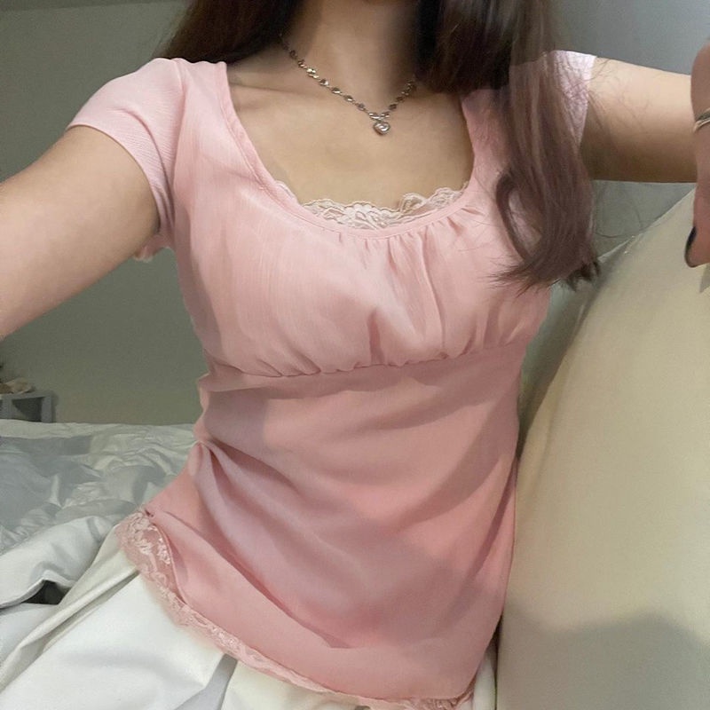 IAMHOTTY salt sweet lace girl heart pink top pure small sexy all-match chiffon T-shirt women