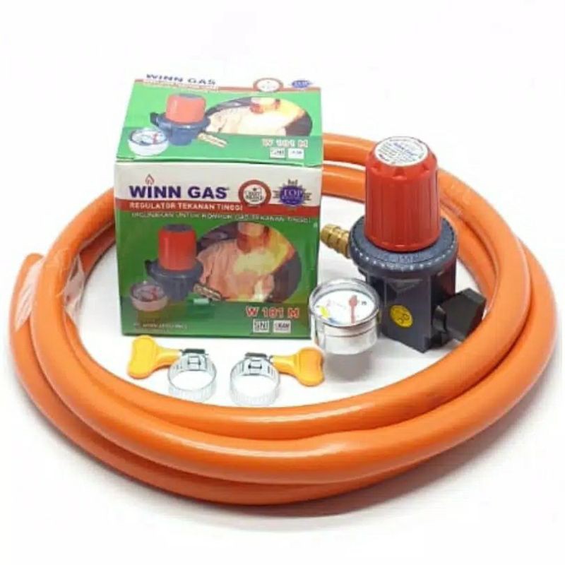 Regulator gas tekanan tinggi win gas w181 meter+selang orange 2 meter+2 kleam