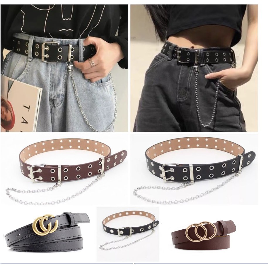 Ikat Pinggang Lubang Punk Tali Rantai Gaya Korea Fashion Kulit PU Wanita Womens Belt Double CC GG