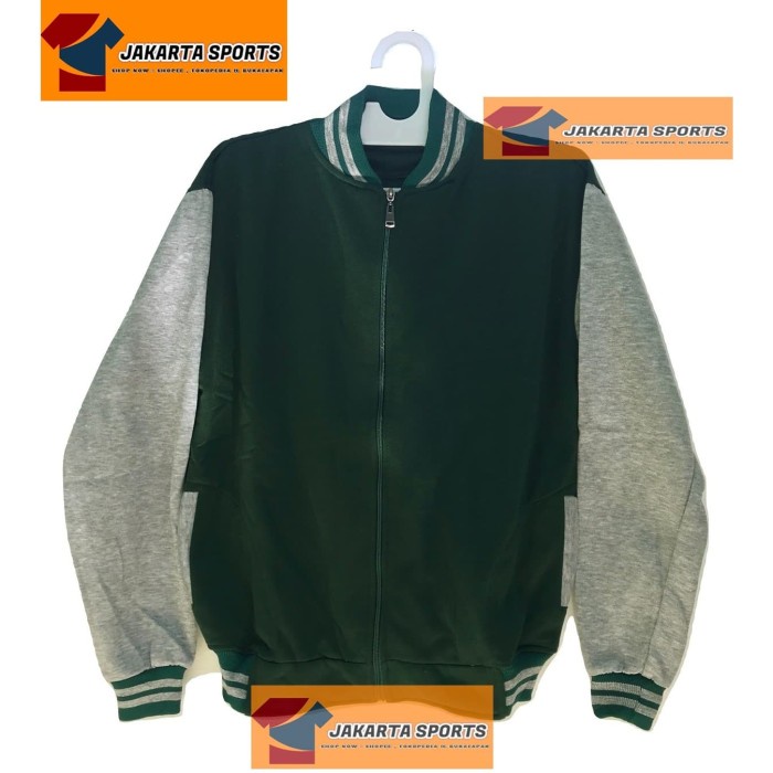 jaket hoodie pria VARSITY HIJAU TUA LENGAN ABU ZIPPER PRIA WANTA UNISEX BASEBALL L G8G4 Awet Best Se