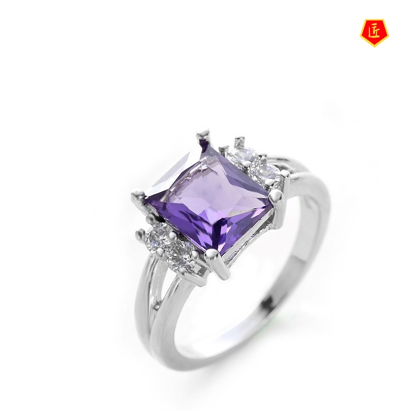 [Ready Stock]Simple Korean Style Platinum Square Colored Gems Ring