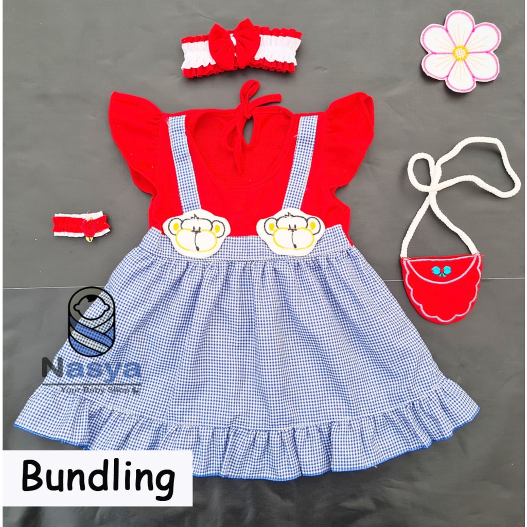 [P-015B] Dress bayi umur 0-6 bulan motif monyet Full Set Bandana, Gelang dan Tas