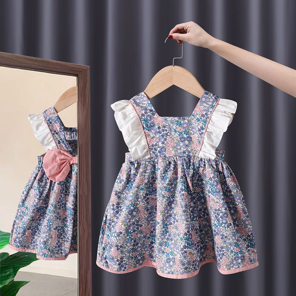 DRESS ANAK [KUALITAS IMPOR] GAUN BAYI MOTIF BUNGA BIRU PITA PINK