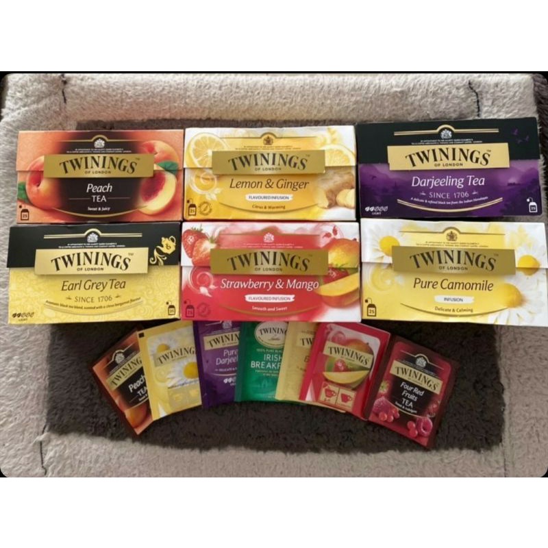 

Twinings Tea Four Red Fruits, Pure Camomile , Darjeeling , Irish Breakfast , Strawberry & Mango , Lemon & Ginger , Earl Grey , Peach Tea