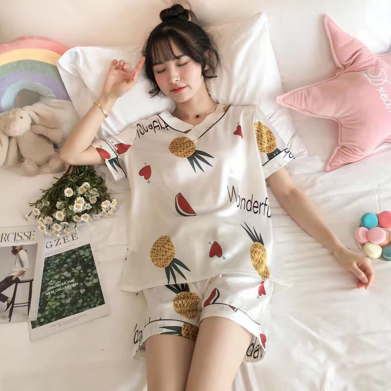 BIG SIZE Set piyama sutra wanita 1set pakaian tidur kaus longgar kartun lucu lengan pedek+celana pendek 2023