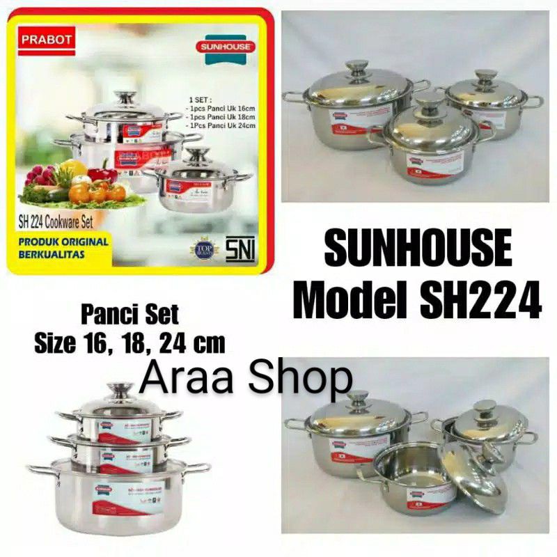 Panci Set SUNHOUSE Stainless Steel Cookware Set/Set Panci Inox SH224 (Size 16-18-24cm)