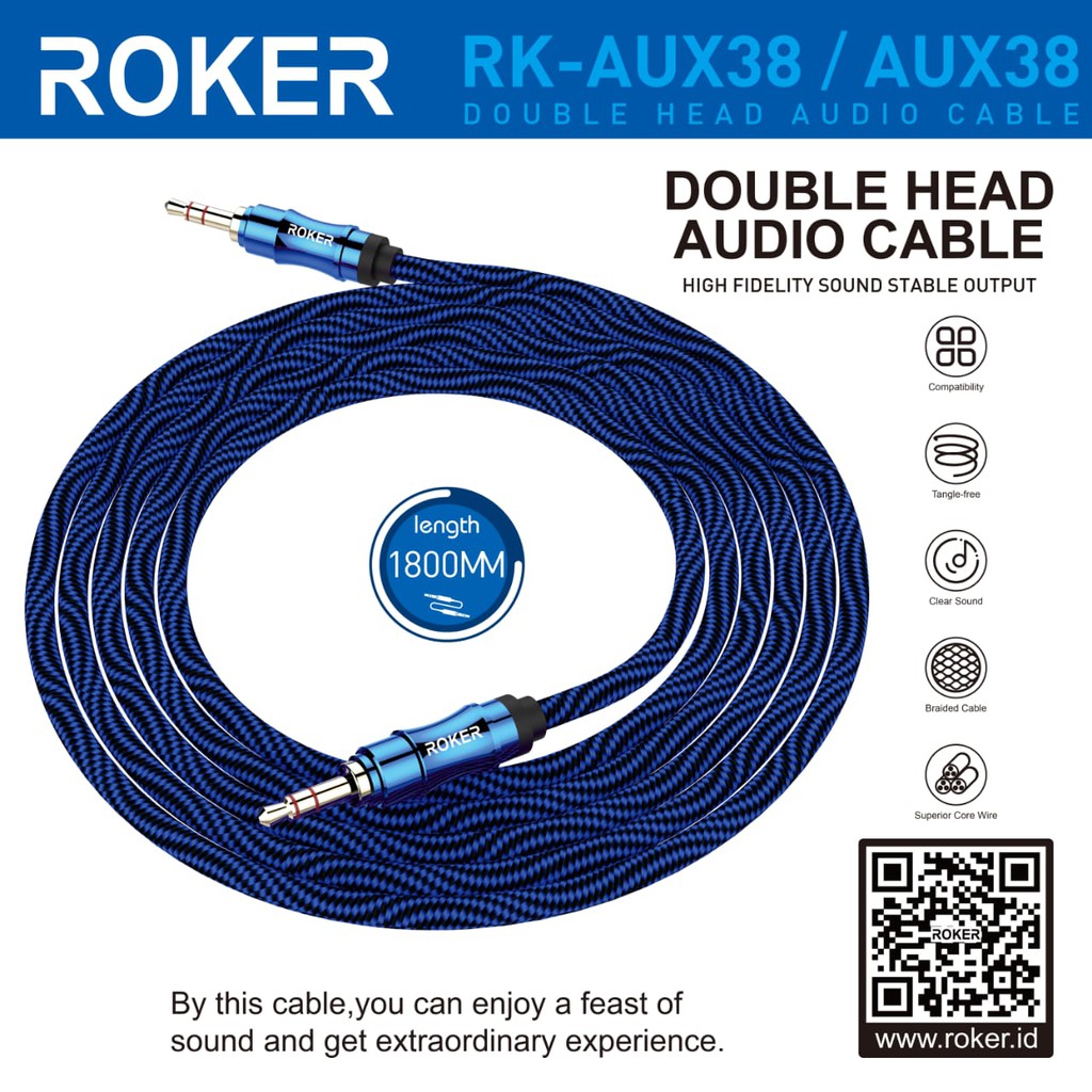 ROKER RK-AUX38 1.8M Audio Cable 3.5mm Male to Male Clear Sound Quality
