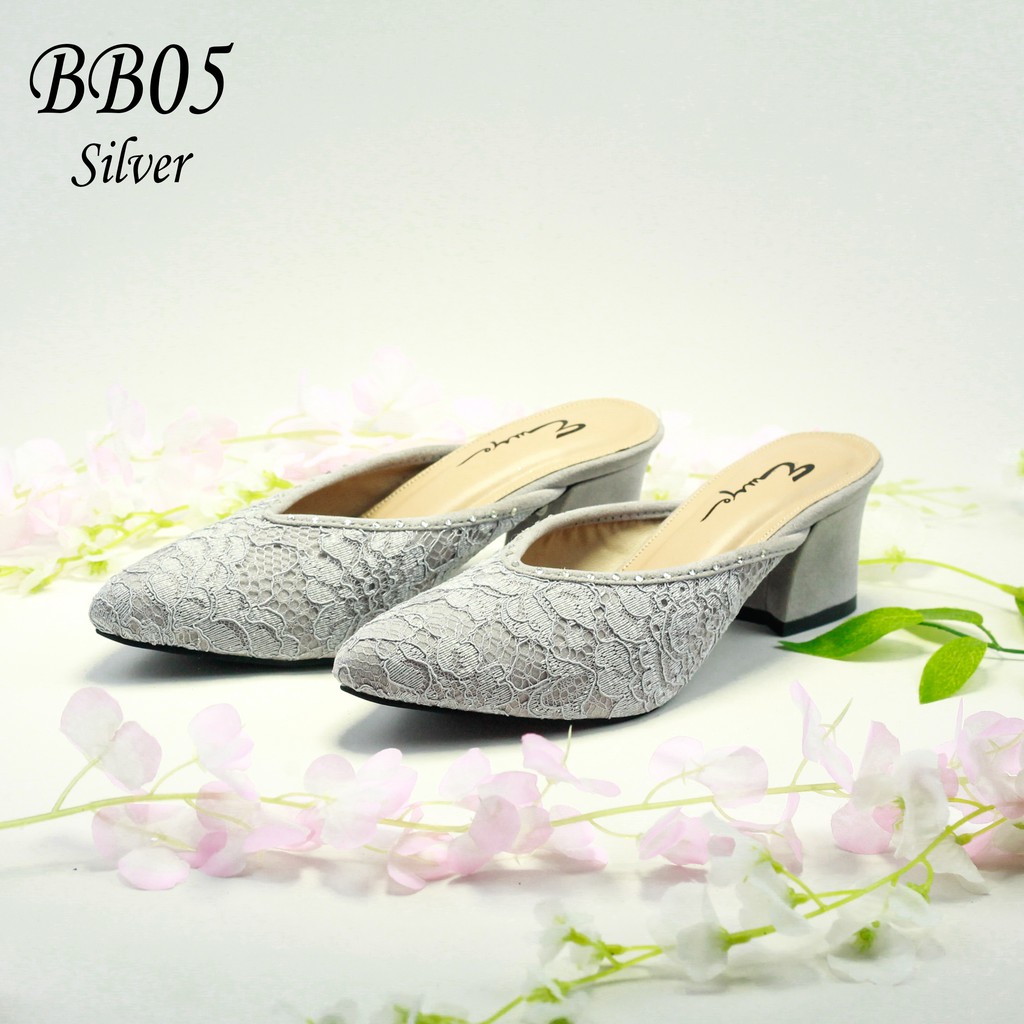 EMYE BB05 - Sepatu Sandal Heels Wedding Shoes Pesta Pengantin Brukat Glitter Original Payet Permata Wanita Terbaru Murah Mewah Kekinian 2021 Selop Slop bruklat Mutiara Pengantin Wanita Kekinian Murah Mewah Kekinian 2021