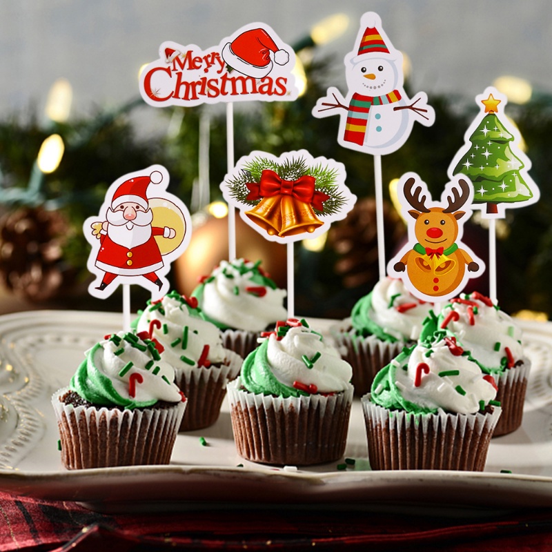 24pcs Topper Cupcake Desain Kartun Merry Christmas Santa Snowman Untuk Dekorasi Pesta