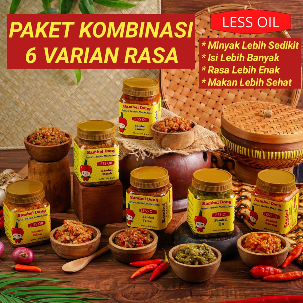 

Paket Kombinasi 6 Botol 220 Gram Homemade, Less Oil, Enak Kualitas Premium, Isi Sebotol Penuh, Minyak Sedikit, Pedas Gurih Bikin Nagih, by SAMBEL DONG