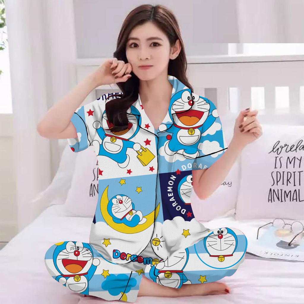 BAJU TIDUR / PIYAMA WANITA DEWASA CP (LENGAN PENDEK, CELANA PANJANG) MOTIF DORAEMON BAHAN KATUN