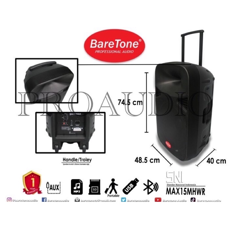 Portable Baretone MAX 15MHWR MAX 15 MHWR Speaker Portable Aktif Free 2 Mic Wireless 15 Inch Garansi 1 Tahun Original