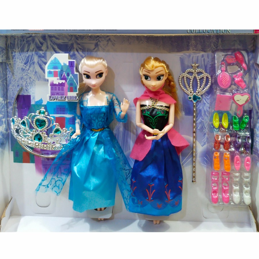 Mainan anak boneka Frozen Anna dan Elsa +sepatu+mahkota