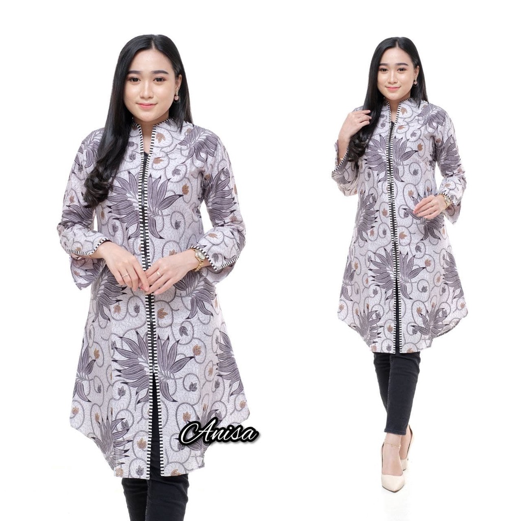 EMHABATIK | BATIK COUPLE PRIA WANITA LENGAN PANJANG MODERN TUNIK #2-ZEBRA JATI ABU