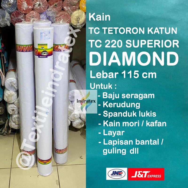 ( per setengah meter ) kain katun jepang putih polos tebal TC 220 DIAMOND meteran lebar 115 cm bahan baju hem kemeja atasan seragam sekolah kerja putih kerudung jilbab hijab segi empat spanduk lukis pecel lele mori kafan sarung lapisan bantal guling layar