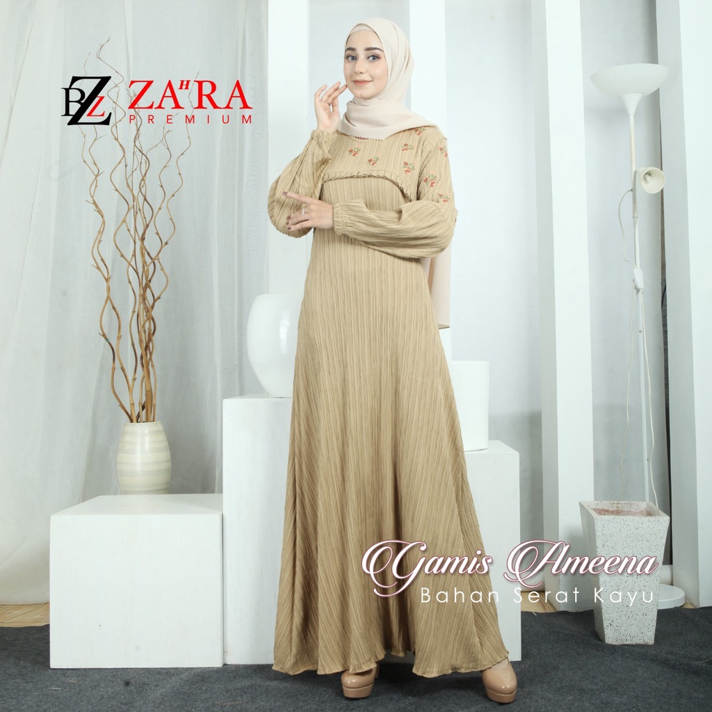 DRESS WANITA MUSLIMAH TERBARU 2022 GAMIS AMEENA CRINKLE SERAT KAYU ( LADY KROS ) PAKAIAN MUSLIM WANI
