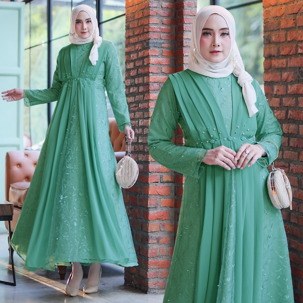Rumaisha Baju Muslim Wanita Jumbo Gamis Full Brukat Tile Remaja Dewasa Premium Fashion Gamis Kondangan-HIJAU WARDAH