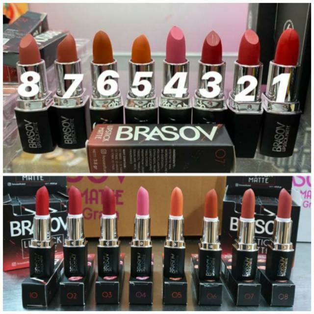 BRASOV Lipstick Matte Shade 01 - 08 Lipstik Pigmented Perona Bibir BPOM