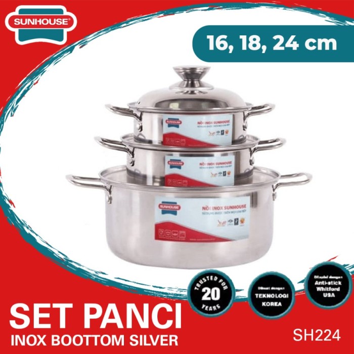 SUNHOUSE Set Panci Inox Bottom Silver 16, 18, dan 24 cm (1 Set) SH224