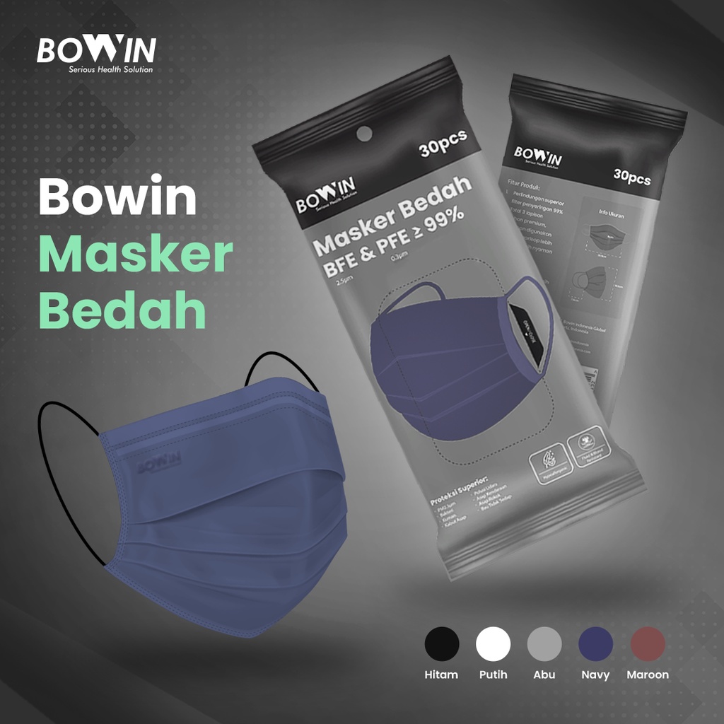 Bowin Masker Bedah BFE PFE ≥99% KEMENKES RI (Masker Medis / Surgical / Disposable / Earloop)