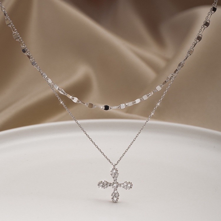 Kalung Rantai Klavikula Pendek Lapisan Ganda Bahan S925 Silver Dengan Liontin Salib