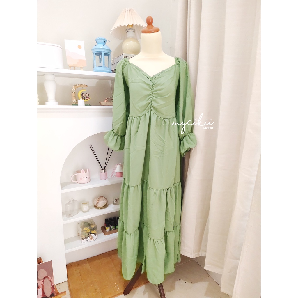 MyCikii Haruka Maxi Dress / Dress wanita kerut / dress panjang wanita lengan puffy / long dress wani