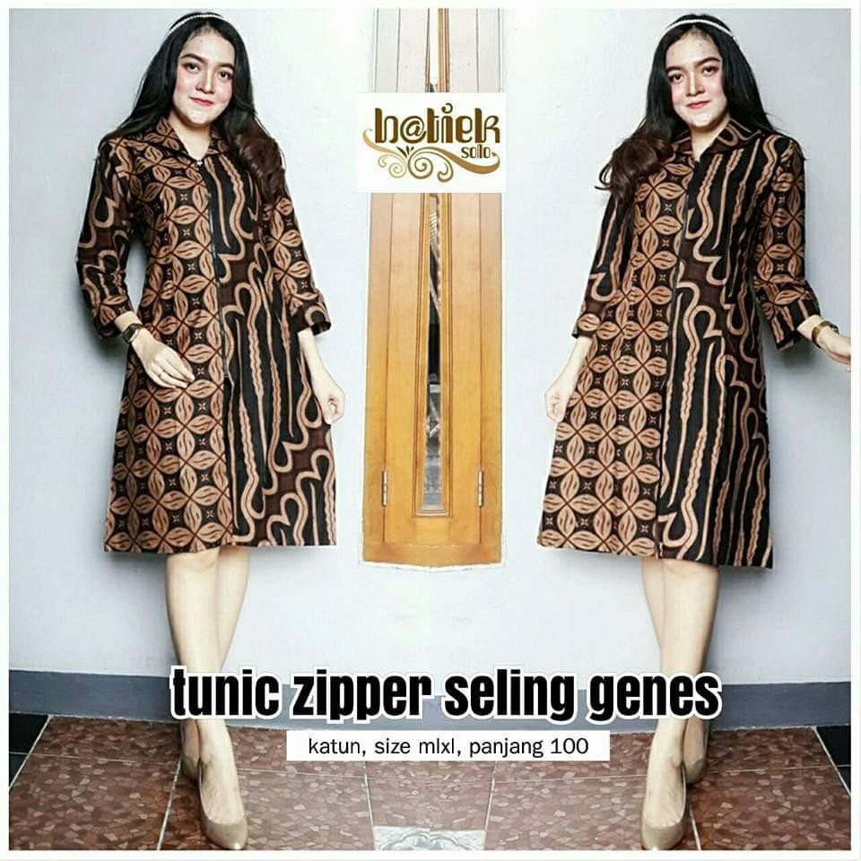 ADA JUMBO - Tunic Zipper Seling Genes Batik Wanita Modern Premium Dress Motif Kombinasi Katun Seragam Cewek