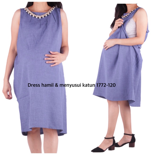 Baju hamil dress tanpa lengan+kalung 1772 biru