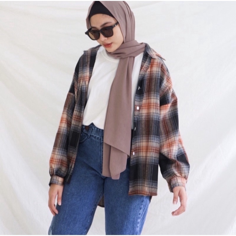 Kimberly Flanel Shirt / Kemeja Flanel / Kemeja Flanel Oversize-Hitam Oren Ld 120