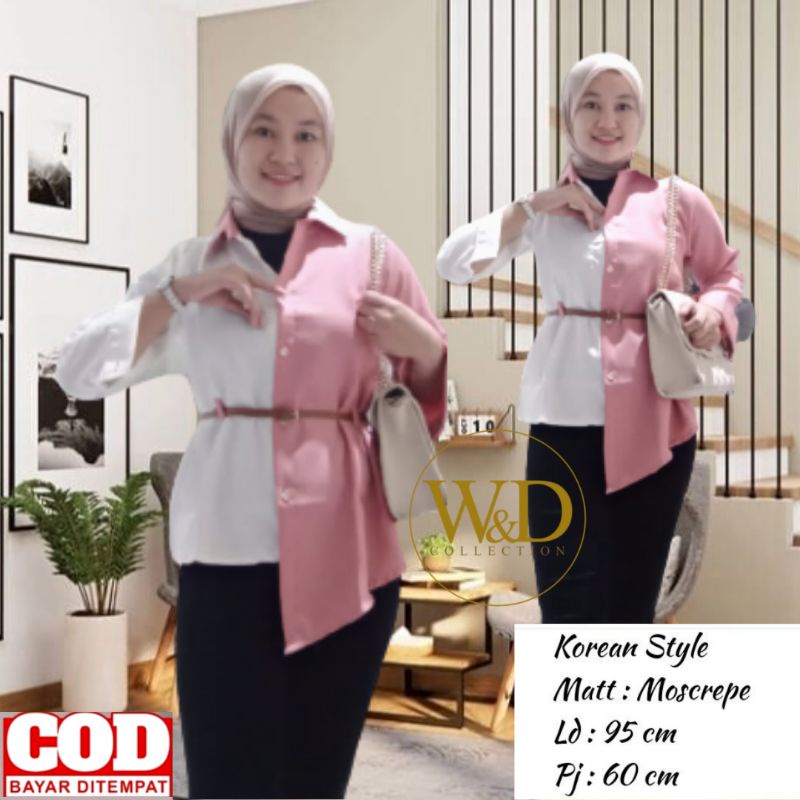 BLOUSE LOVELY TOP ATASAN KEMEJA WANITA POLOS KOMBINASI 2 WARNA CASUAL KOREA LENGAN PANJANG MOSCREPE FREE IKAT PINGGANG-Pink
