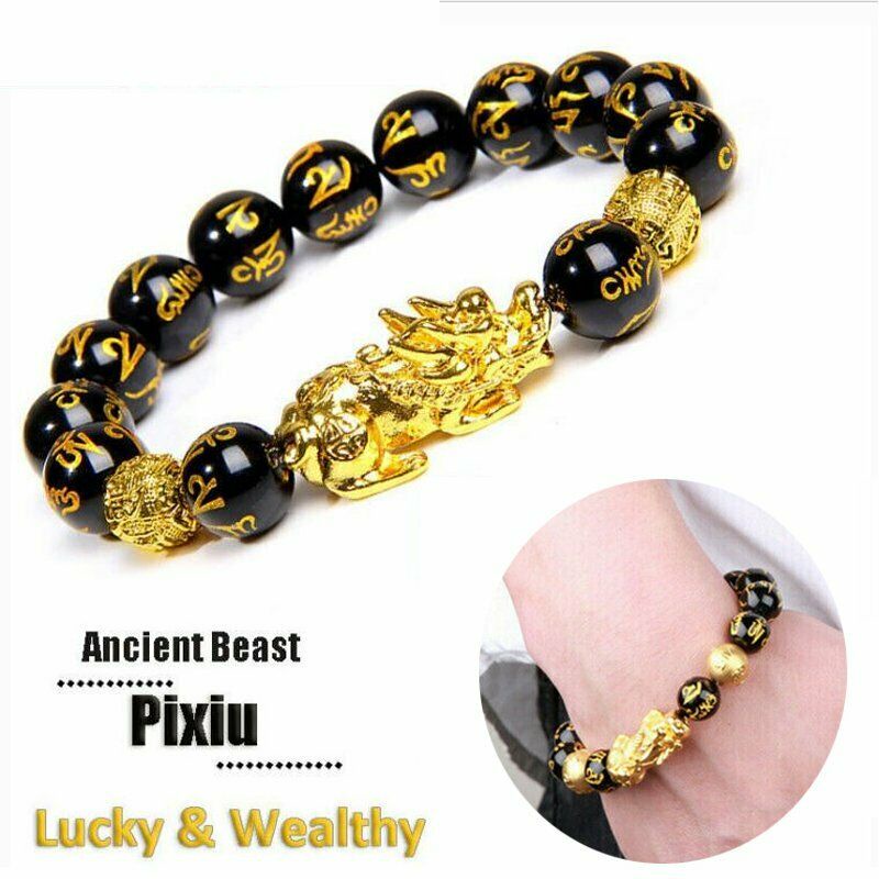 Pi Xiu Gelang Tangan Batu Obsidian Warna Hitam Untuk Keberuntungan