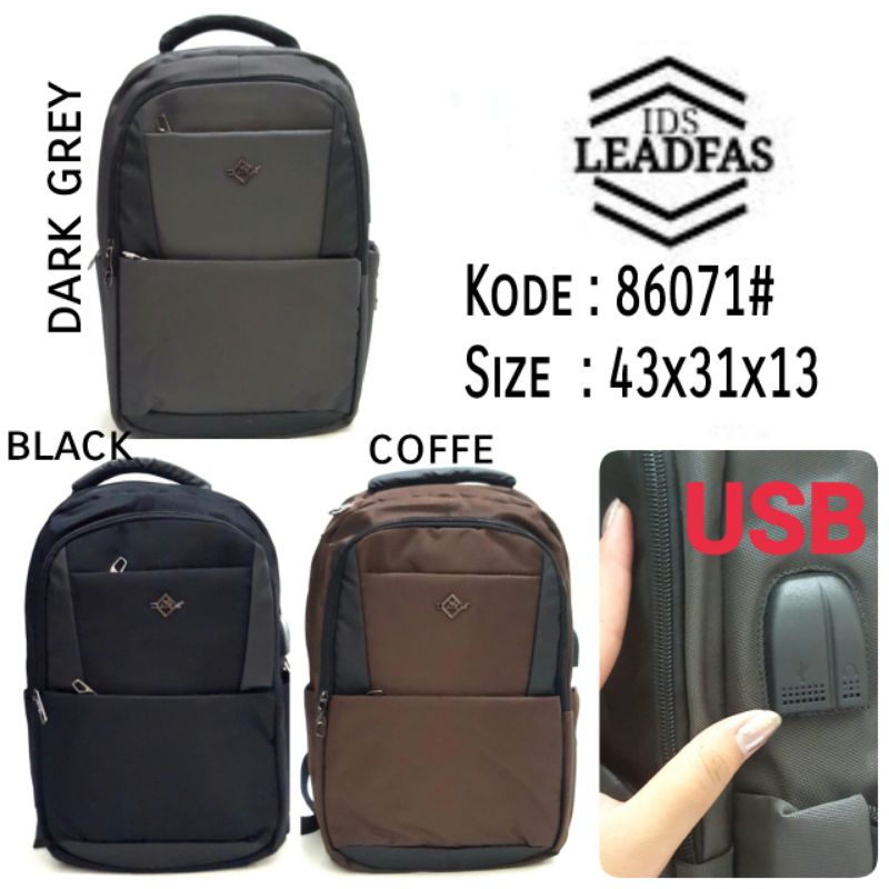 TERBARU TAS RANSEL SEKOLAH/KERJA COWOK ADA USB IDS LEADFAS 86071# 3WARNA BLACK COFFE DARKGREY