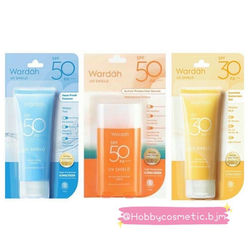 Wardah sunscreen uv shield sunblock spf 50 30 gel serum aqua fresh biru kuning orange waterproof