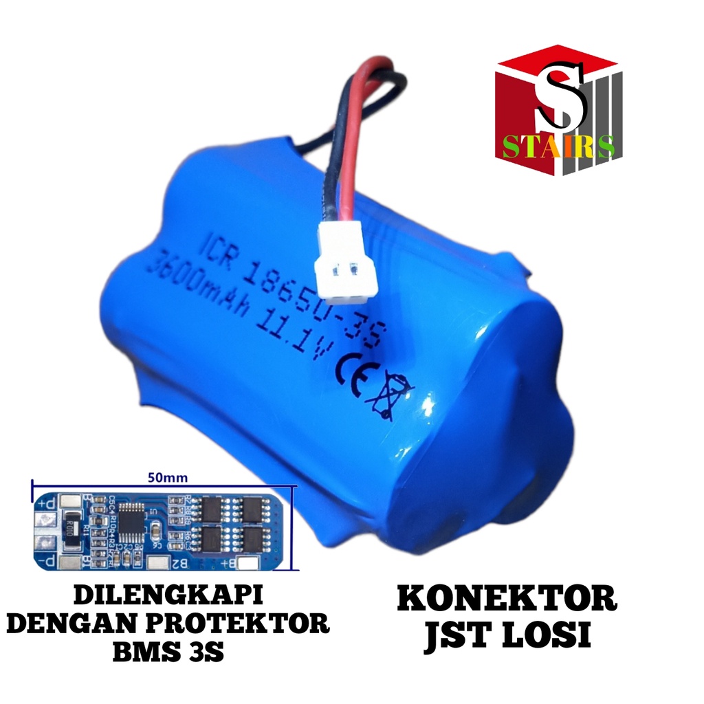 Batrai RC/ Mainan Anak/ Baterai Speaker &amp; Elektronik Lainnya 3X 18650 3600mAh 11.1V Protektor BMS 3S 10A Konektor JST LOSI