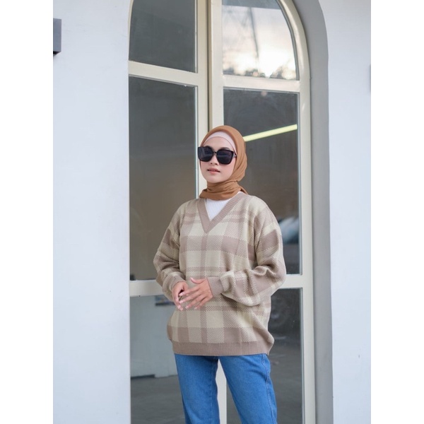 SWEATER RAJUT TARTAN WANITA OVER SIZE MOTIF KOTAK LEMBUT