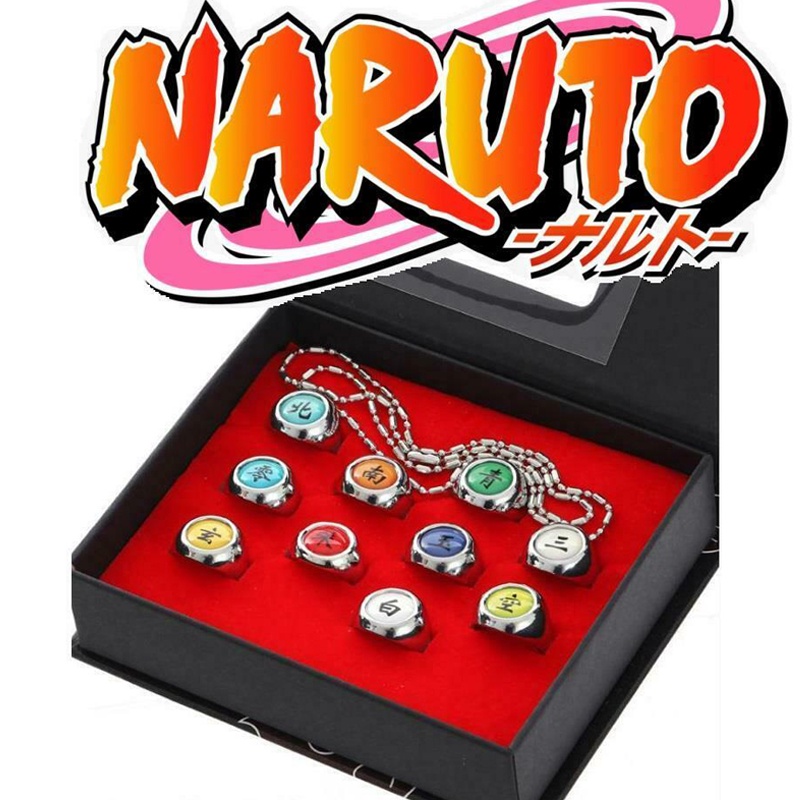 10pcs / Set Cincin cosplay Naruto Akatsuki Sasori Itachi Hidan Deidara Pein Bahan Alloy Untuk Pasangan