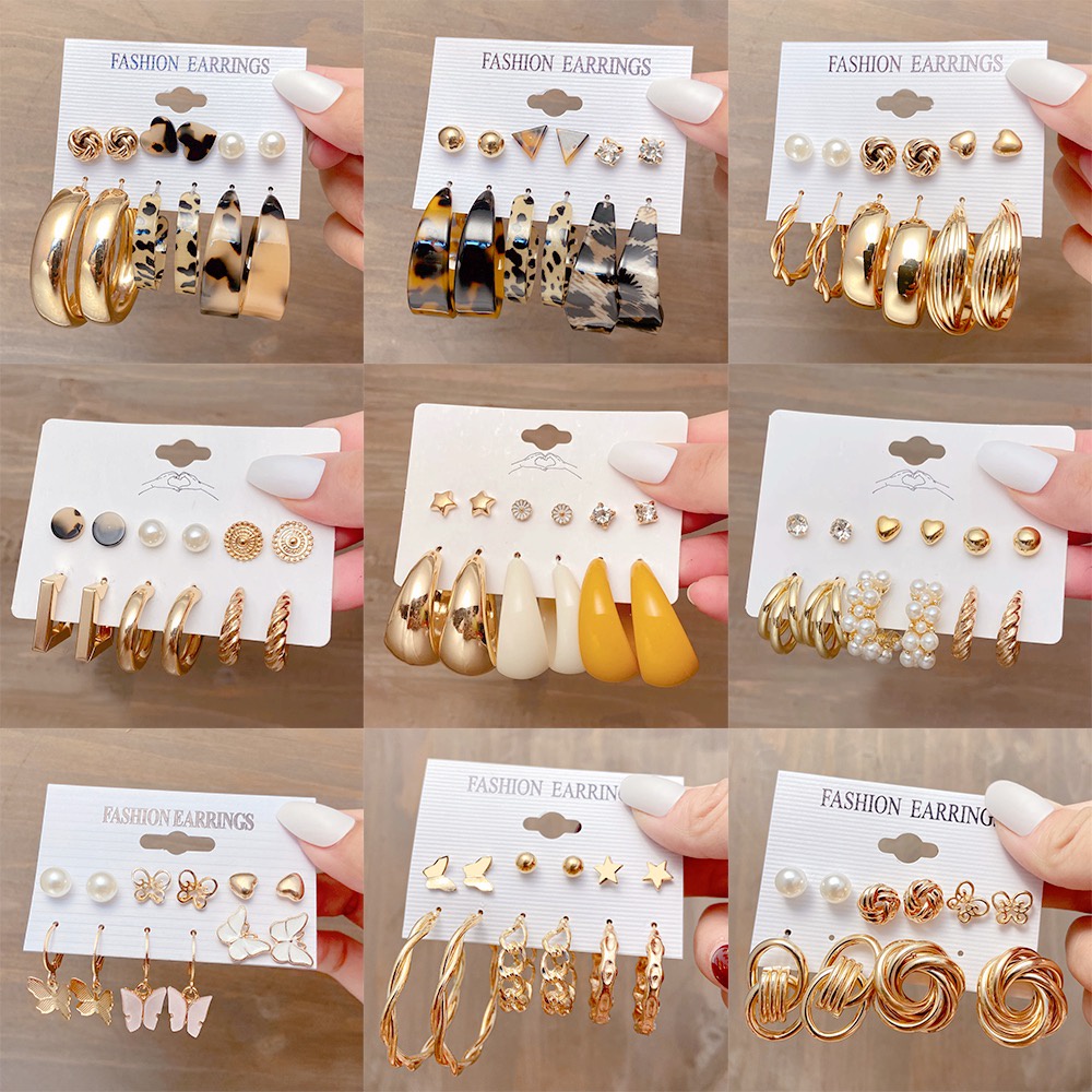 IFYOU 6Pair Fashion Pearl Gold Earring Set Butterfly Pendant Retro Stud Earrings Women Jewelry Accessories