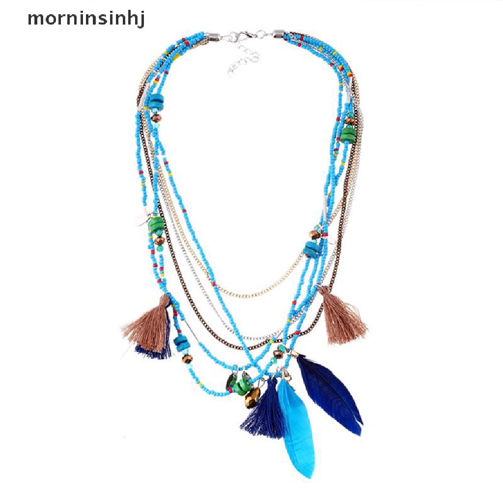 Mor Kalung Rantai Manik Multilapis Pendant Bulu Gaya Boho