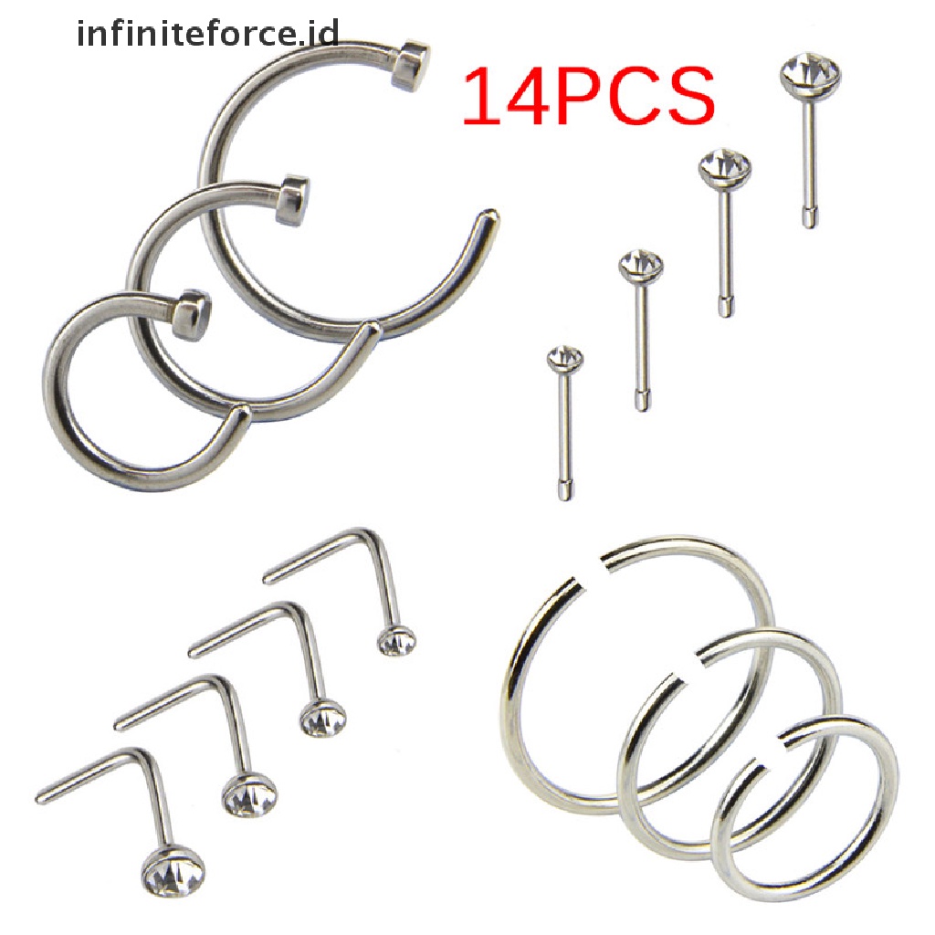 14pcs / Set Cincin Hoop Tindik Tubuh Hidung Bahan Stainless Steel