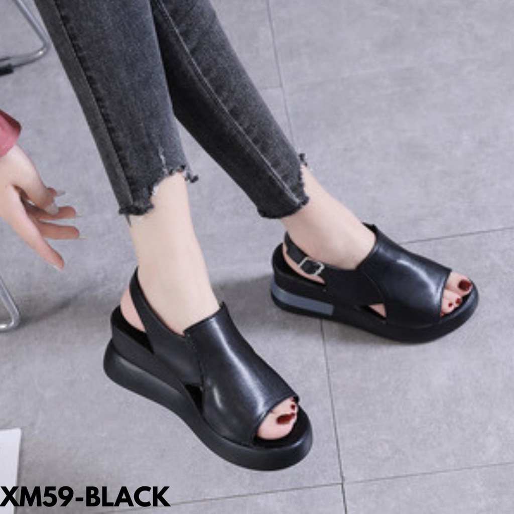 SANDAL WEDGES SLING BACK MODEL SIMPLE CASUAL KEKINIAN CLASSIC ELEGANT BAHAN PU IMPORT M59