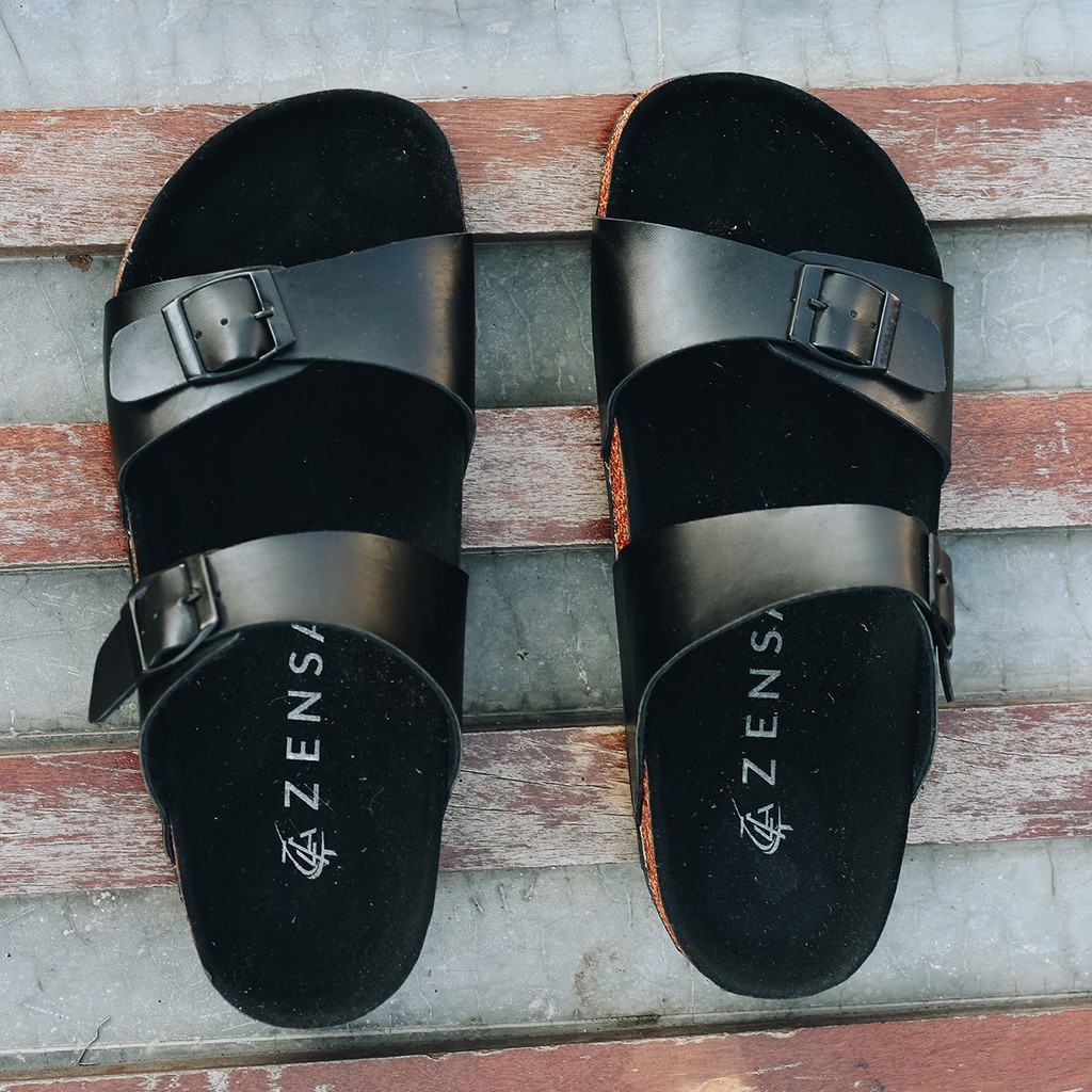 XANDER FULL BLACK |FORIND x Zensa| Sendal Jepit Tali Kulit Simpel Kayu Pria/Cowo/Men Sandal Footwear