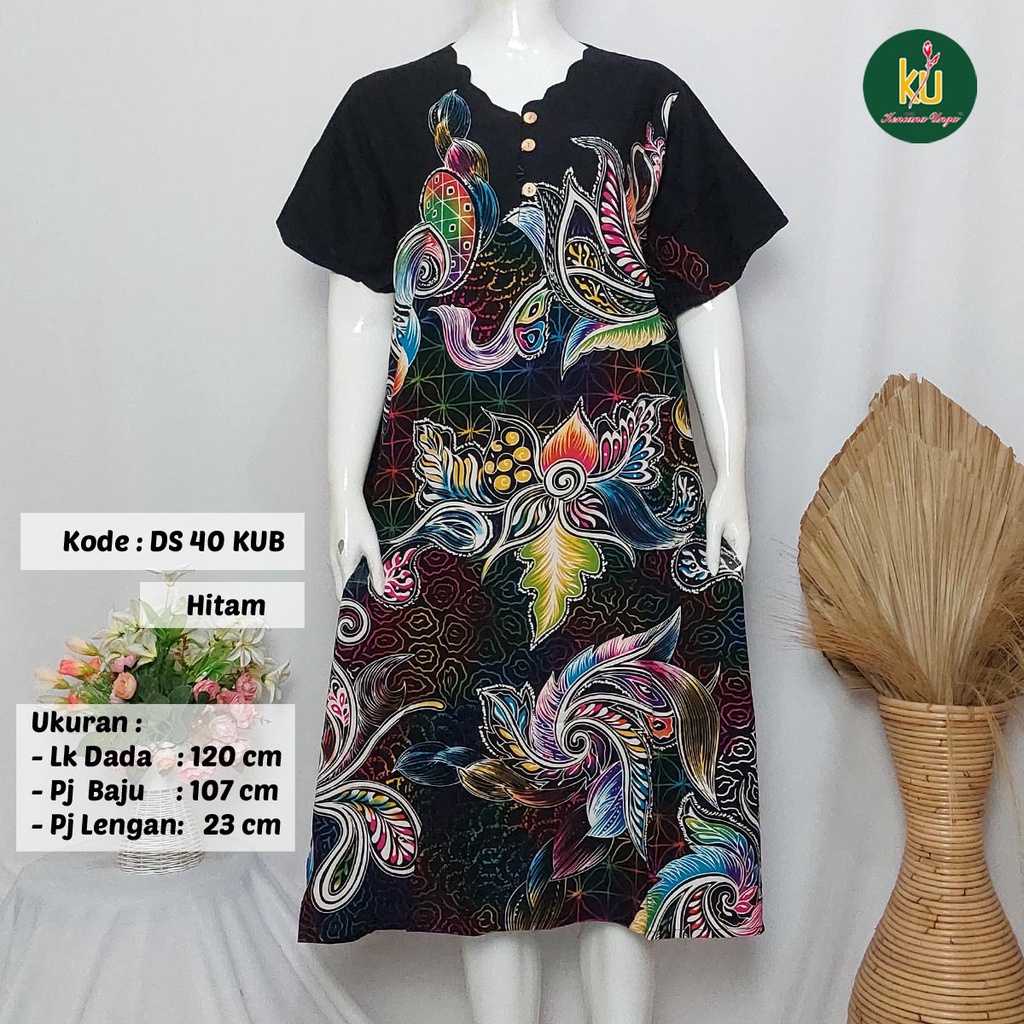 COD DS40 KUB | Daster Batik Kencana Ungu Asli Label Biru Ukuran Jumbo | Baju Santai Tidur Wanita Dewasa Kancing Depan Busui Friendly Motif Terbaru-Hitam B