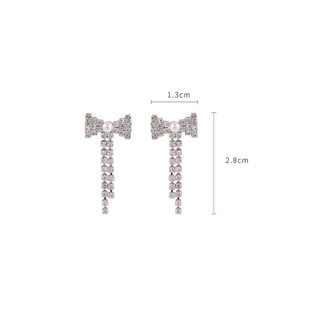 LRC Anting Tusuk Fashion Silver Bowknot Tassel Diamond Alloy Earrings P22278